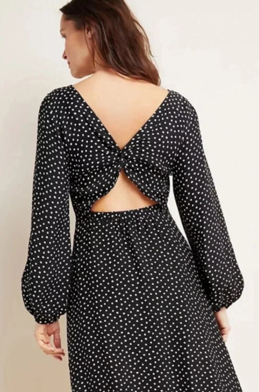 NWT Anthropologie Agatha Black Polka Dot Twist Back Midi Dress Size 14
